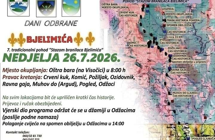 U nedjelju 26. jula tradicionalni pohod “Stazom branilaca Bjelimića”